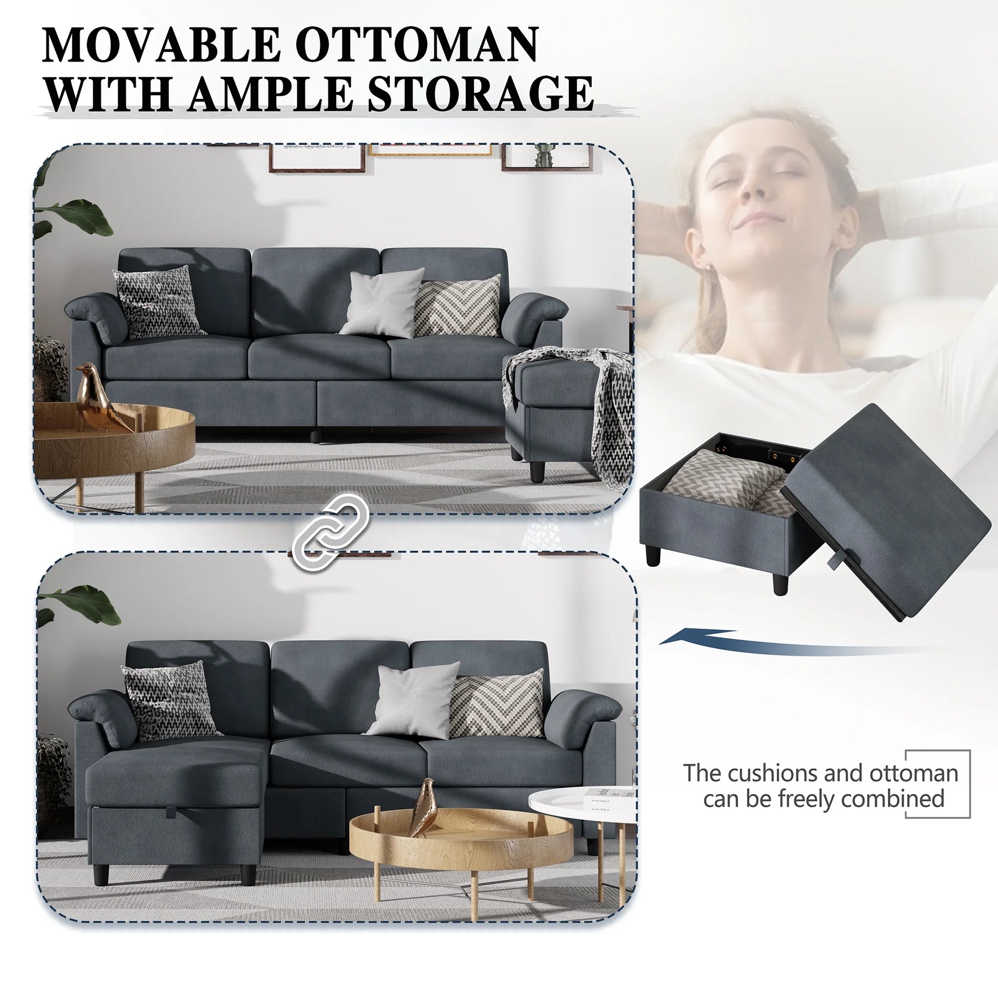 79.1" Sectional Sofa with Movable Storage Ottoman, L-Shaped Convertible Sofa Couch for Small Living Room, Dark Gray