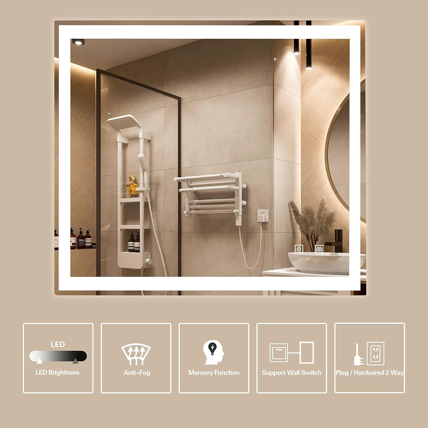 36 X 36 Inch LED Bathroom Mirror for Vanity Mirror Wall Mounted with Smart anti Fog,Memory Mirror with Dimmable Light, Makeup Vanity，Smart Mirror