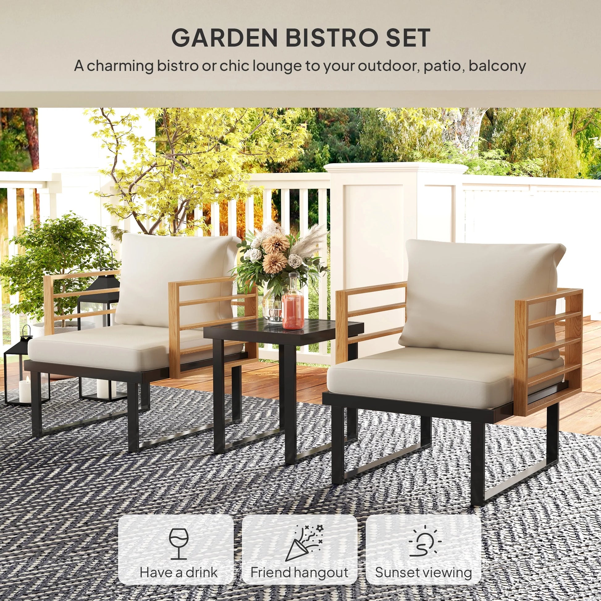3 Pieces Outdoor Bistro Set, Metal Patio Furniture with Cushions, Armchairs and Slatted Table, Small Patio Set for Balcony, Porch, Beige
