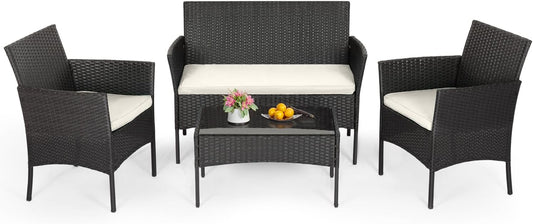 | 4-Piece Patio Furniture Set | Black | Outdoor Wicker Furniture with Coffee Table | Modern Rattan Chairs Conversation Set | Outdoor Seating | Weather-Resistant | for Porch, Garden, Lawn