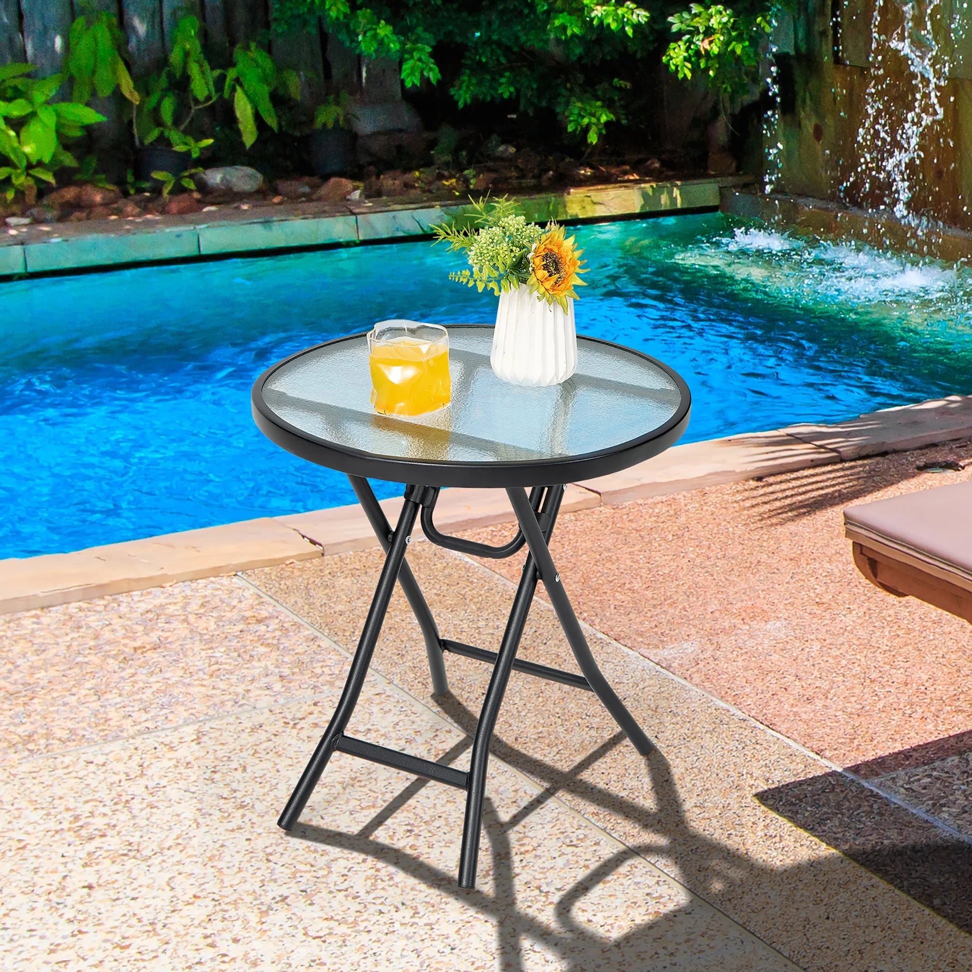 Patio Folding round Glass Side Table Bistro Coffee Table Plant Stand