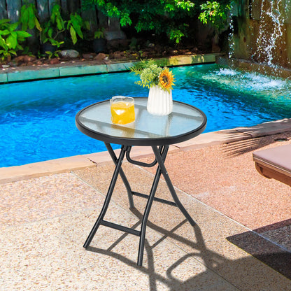 Patio Folding round Glass Side Table Bistro Coffee Table Plant Stand