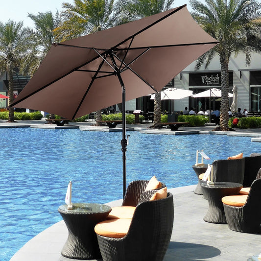 9Ft Patio Umbrella Patio Market Steel Tilt W/ Crank Outdoor Yard Garden (Tan)