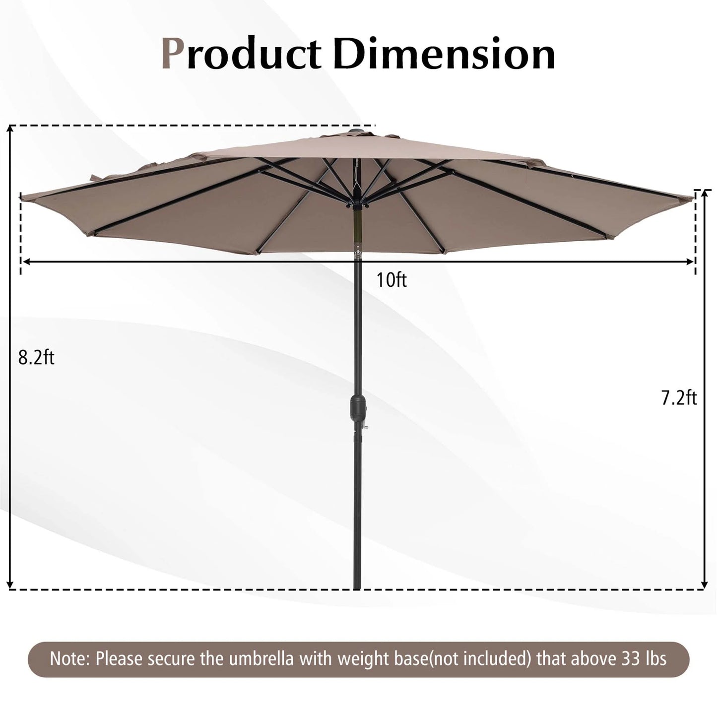 Outdoor Heavy Duty Market Umbrella with Tilt Mechanism Crank Handle 8 Sturdy Ribs Tan