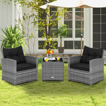 3PCS Patio Rattan Furniture Bistro Set Cushioned Sofas Side Table Armrest Navy