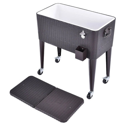 Outdoor Rattan 80QT Party Portable Rolling Cooler Cart Ice Beer Beverage Chest