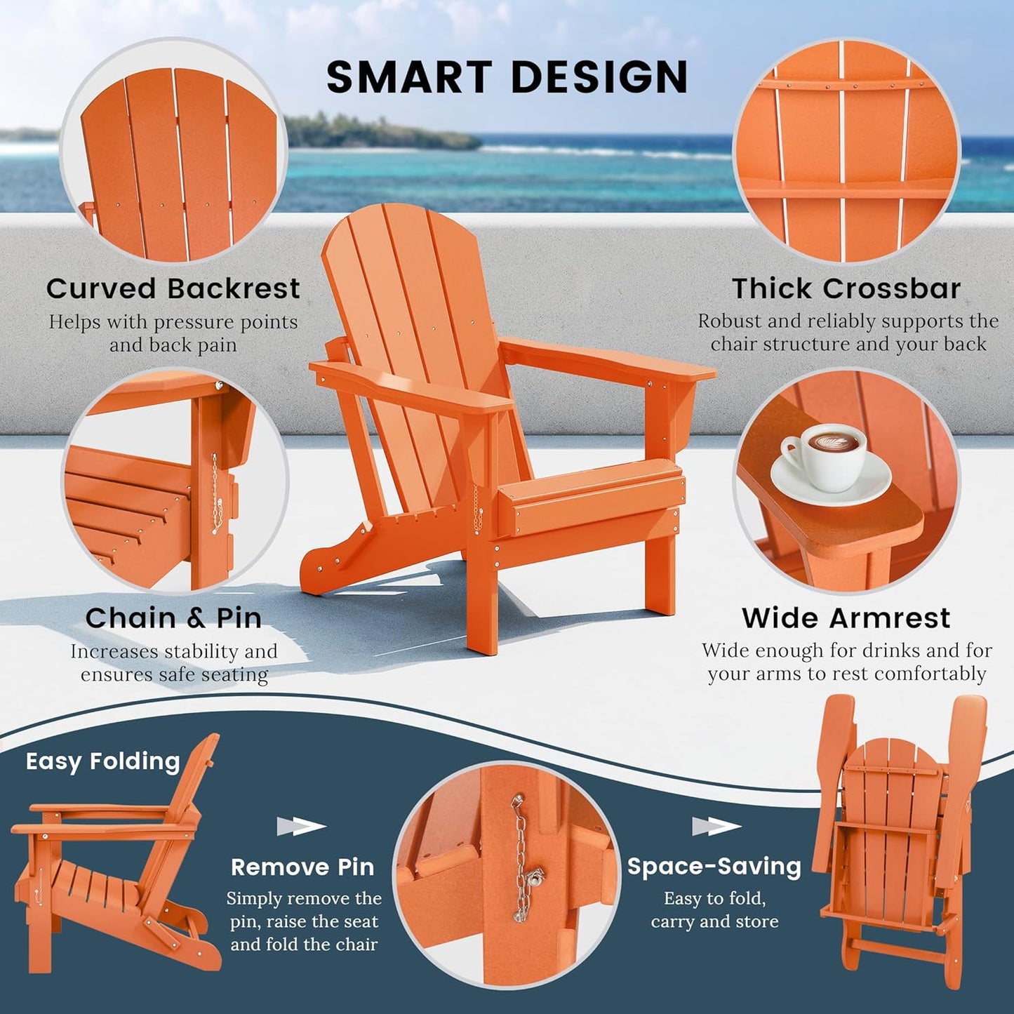 Westin Outdoors Laguna WO Home Furniture Adirondack Chair 2 PCS Set Outdoor Folding Patio Chair for Bon Fire Pit Garden Lawn Backyard Lounging Relaxing (Orange)