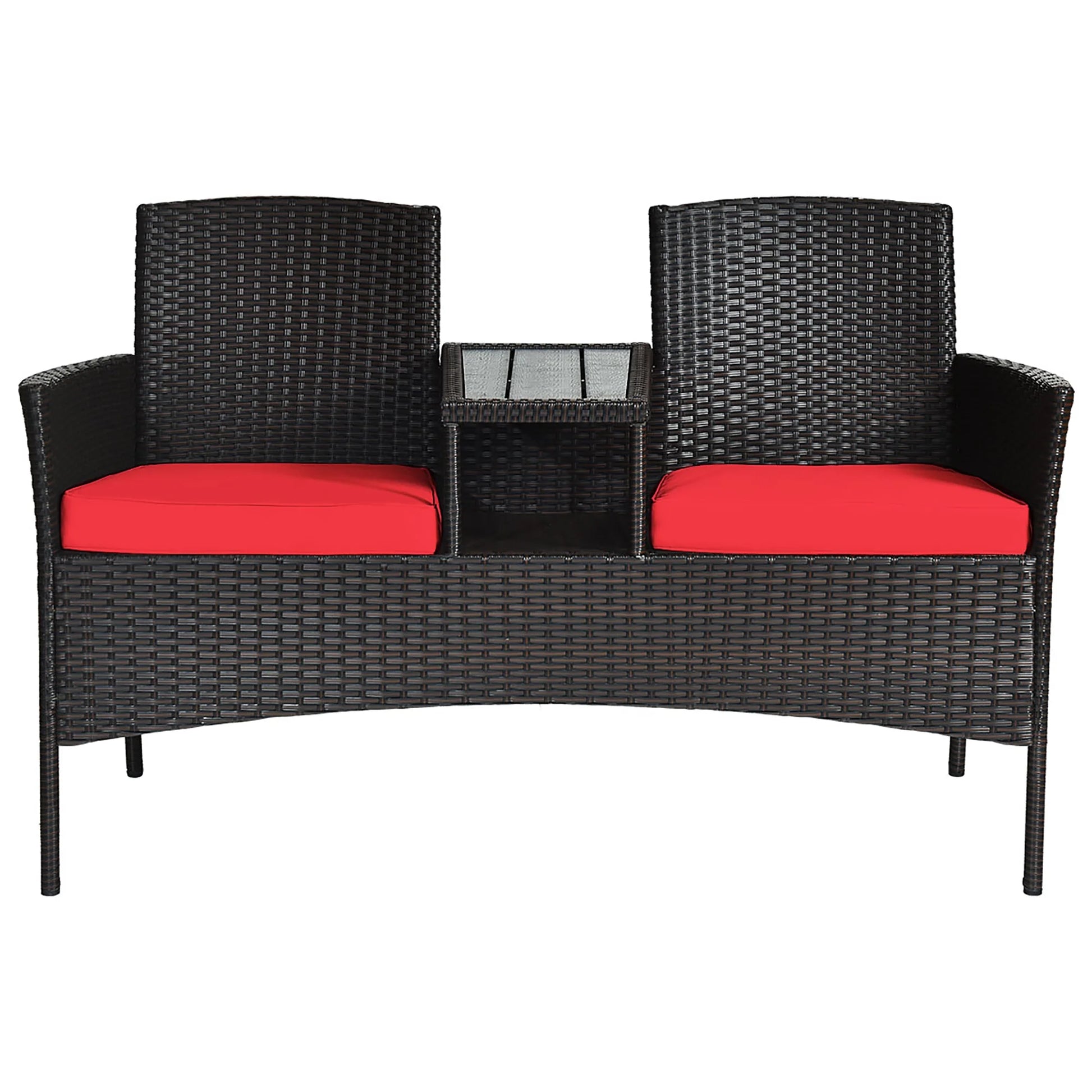 Patio Rattan Loveseat Sofa Cushioned Coffee Table Red