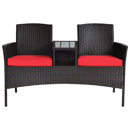 Patio Rattan Loveseat Sofa Cushioned Coffee Table Red