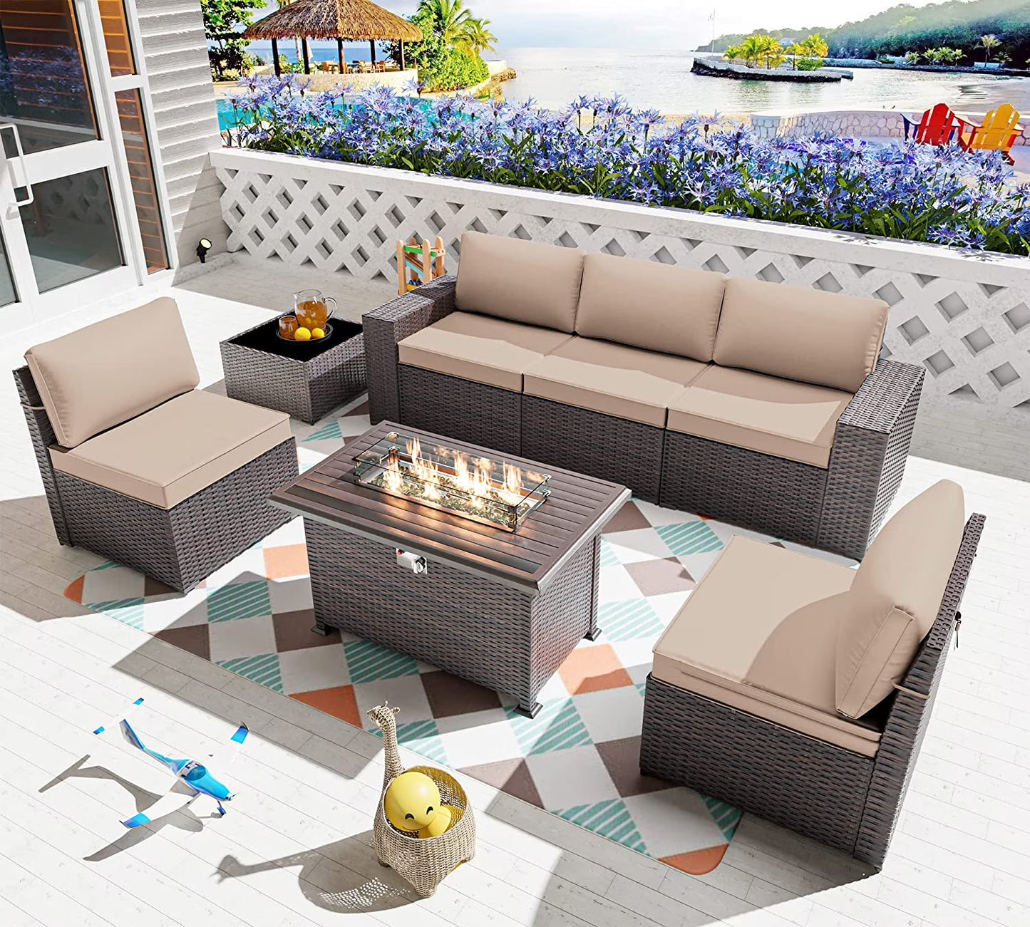 7 Pieces Outdoor Patio Furniture Set with 43" Fire Pit Table Sets Outdoor Furniture Patio Conversation Set (Grey)