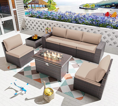 7 Pieces Outdoor Patio Furniture Set with 43" Fire Pit Table Sets Outdoor Furniture Patio Conversation Set (Grey)