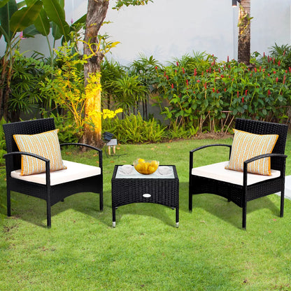 Costway 3 PCS Furniture Set Table & 2 Chair Patio Wicker Rattan W/Cushion