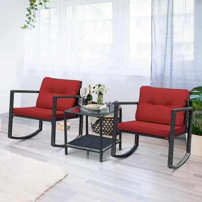 3PCS Patio Rattan Furniture Set Rocking Chairs Cushioned Sofa Gray