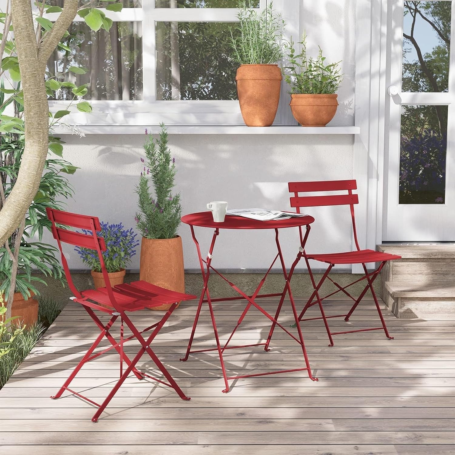 Premium Frame Patio Bistro Set, Folding Outdoor Patio Furniture Sets, 3 Piece Patio Set of Folding Patio Table and Chairs, Red