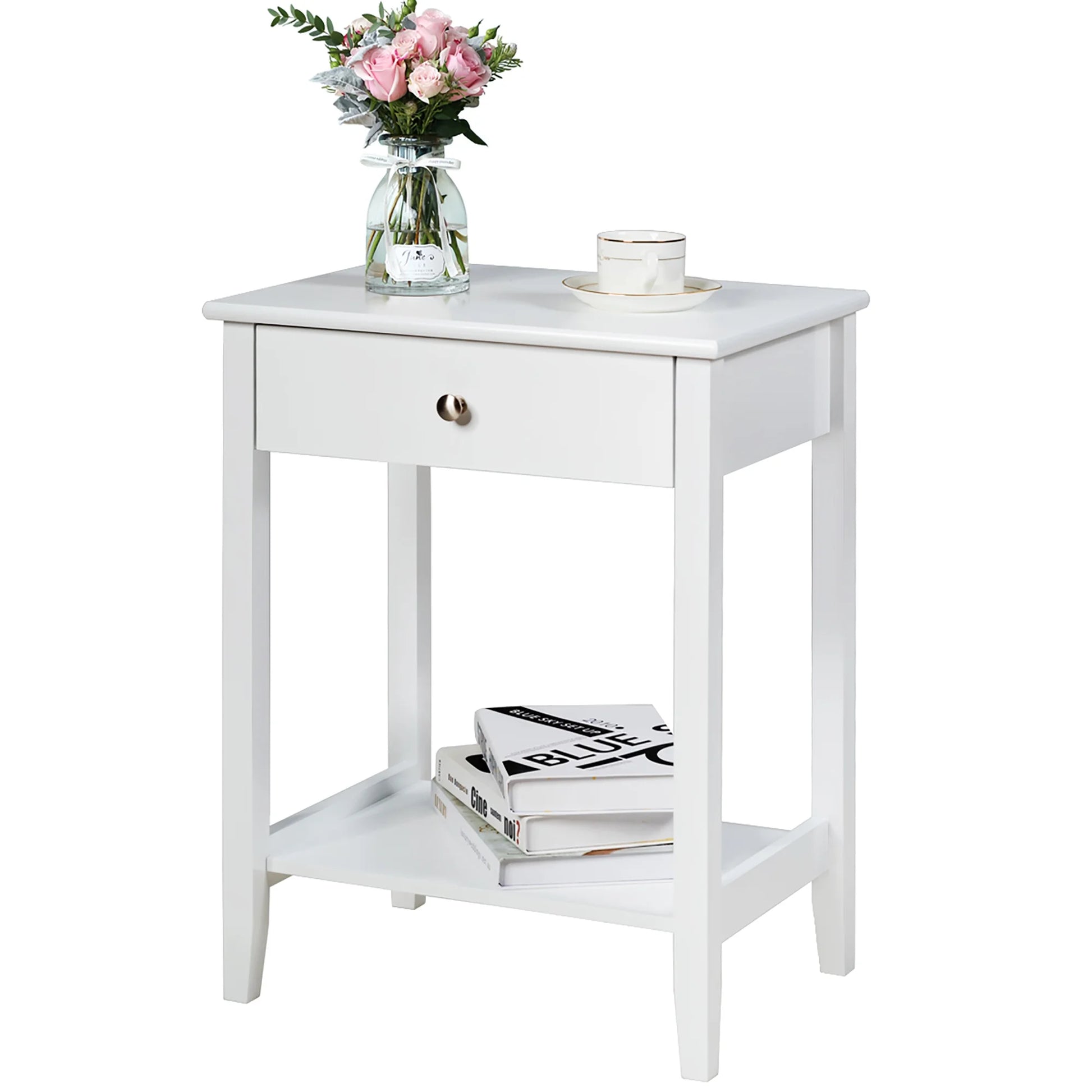 Nightstand End Table Storage Display Bedroom Furniture Drawer Shelf beside White