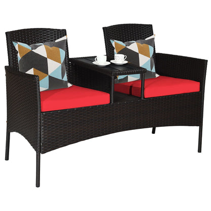 Patio Rattan Loveseat Sofa Cushioned Coffee Table Red