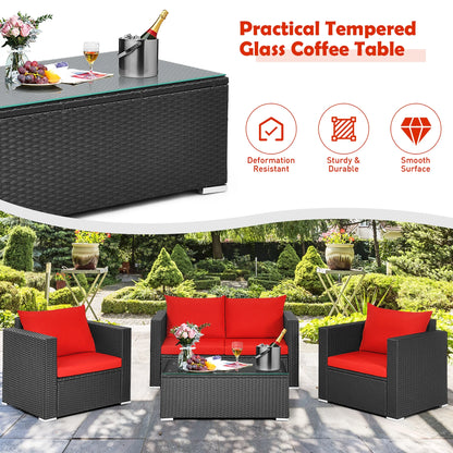 4PCS Patio Rattan Furniture Set Cushioned Sofa Chair Coffee Table Garden Red