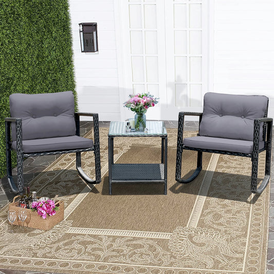 3PCS Patio Rattan Furniture Set Rocking Chairs Cushioned Sofa Gray