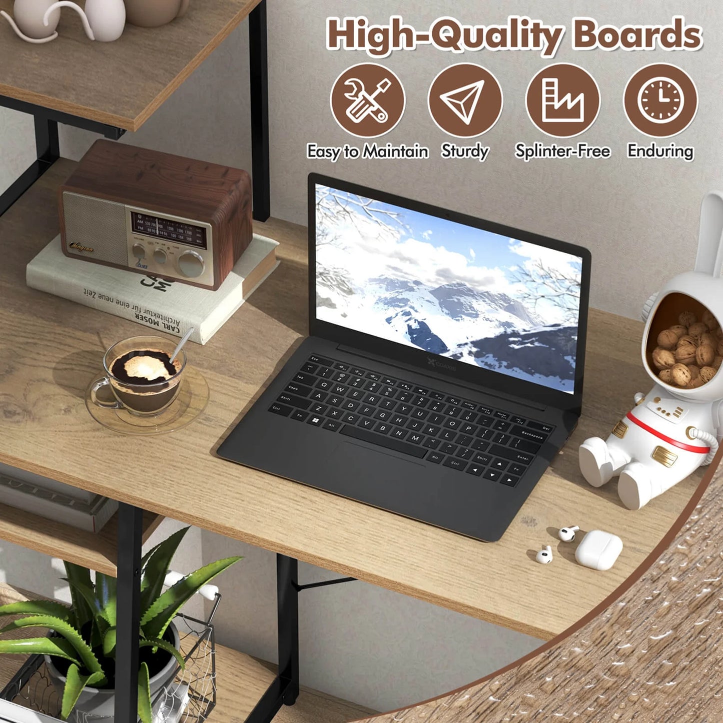 Home Office Desk with Bookshelf Host Stand Metal Frame Study Writing Desk