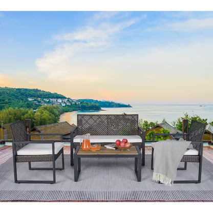 4-Piece Wicker Patio Conversation Set with Cushion, Outdoor Patio Furniture Set with Wood Table Top-Grey Cushions