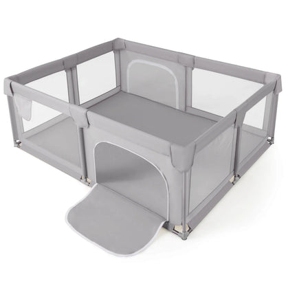 75" X 59" Large Baby Playpen with Breathable Mesh & Zipper Doors Play Yard Fence Gray