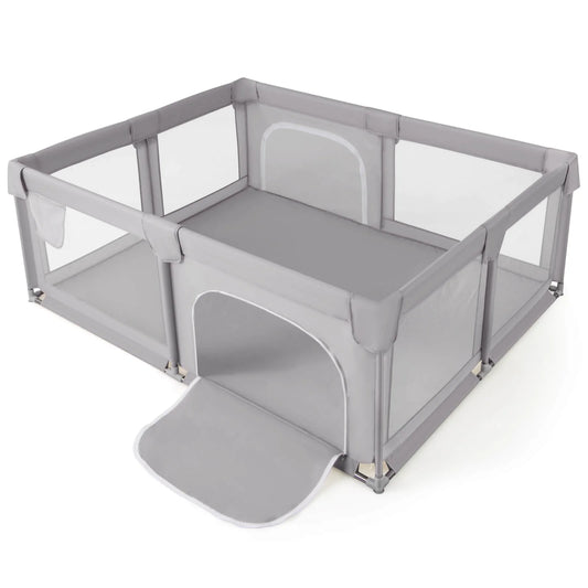 75" X 59" Large Baby Playpen with Breathable Mesh & Zipper Doors Play Yard Fence Gray