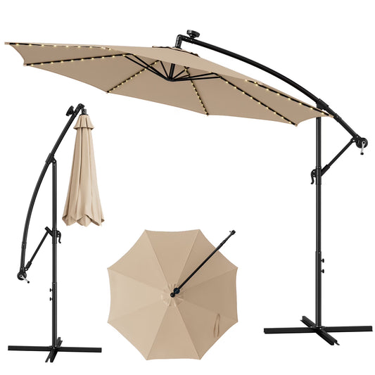 10FT Patio Solar-Lighted 112 LED Cantilever Offset Umbrella Crank Tilt Outdoor Beige