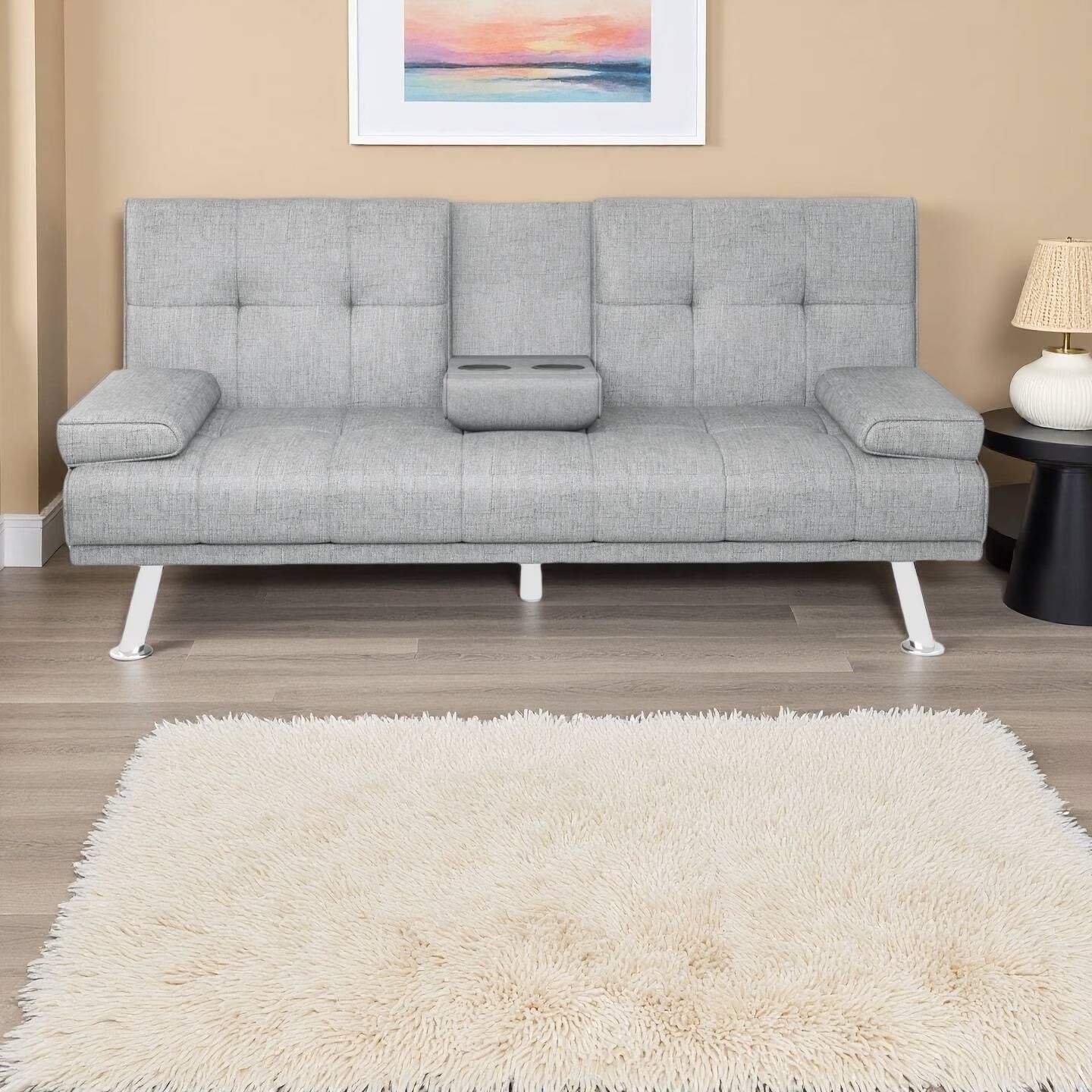 Modern Futon Convertible Sofa Bed with Adjustable Back with Cupholders