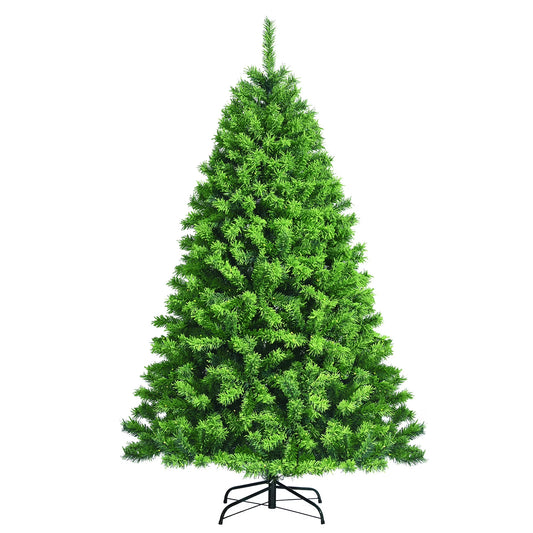 6.5Ft Green Flocked Hinged Artificial Christmas Tree W/ Metal Stand Green
