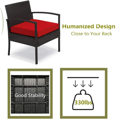 Outdoor Furniture 3 Piece Patio Set Balcony Furniture Outdoor Bistro Set Wicker Chair for Balcony Backyard Porch with Table and Cushions Red