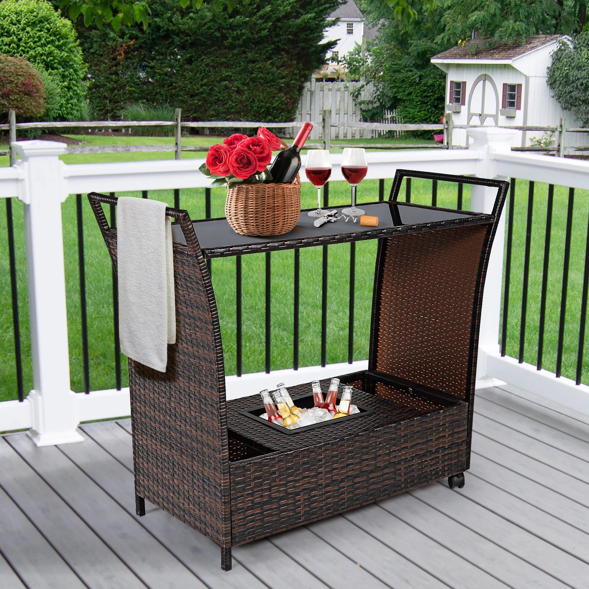 Patio Rolling Rattan Kitchen Trolley Cart Dining Aluminum Frame with Storage Box
