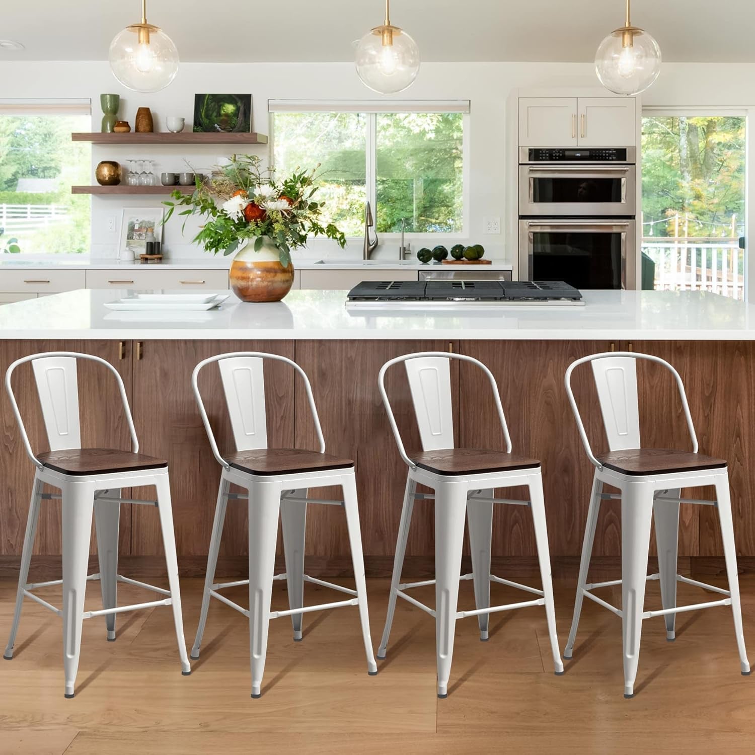 Metal Bar Stools Set of 4,26 Inch Barstools Counter Height Bar Stool with Backs Farmhouse Bar Stools with Larger Seat High Back Kitchen Dining Chairs Modern Bar Chairs White Cream Stool