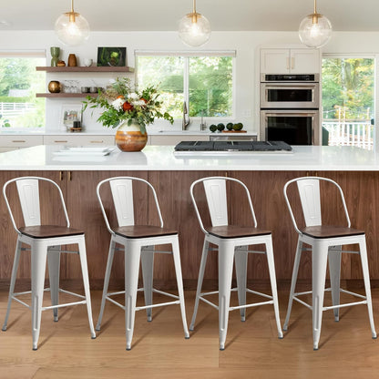 Metal Bar Stools Set of 4,26 Inch Barstools Counter Height Bar Stool with Backs Farmhouse Bar Stools with Larger Seat High Back Kitchen Dining Chairs Modern Bar Chairs White Cream Stool