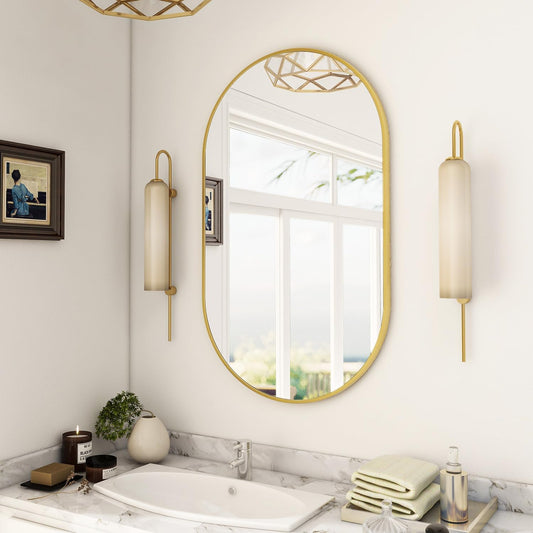 Wall Mounted Mirror, 17"X30" Oval Bathroom Mirror with Metal Frame, Vertical & Horizontal Hang, Ideal for Bedroom, Entryway, Living Room, Gold