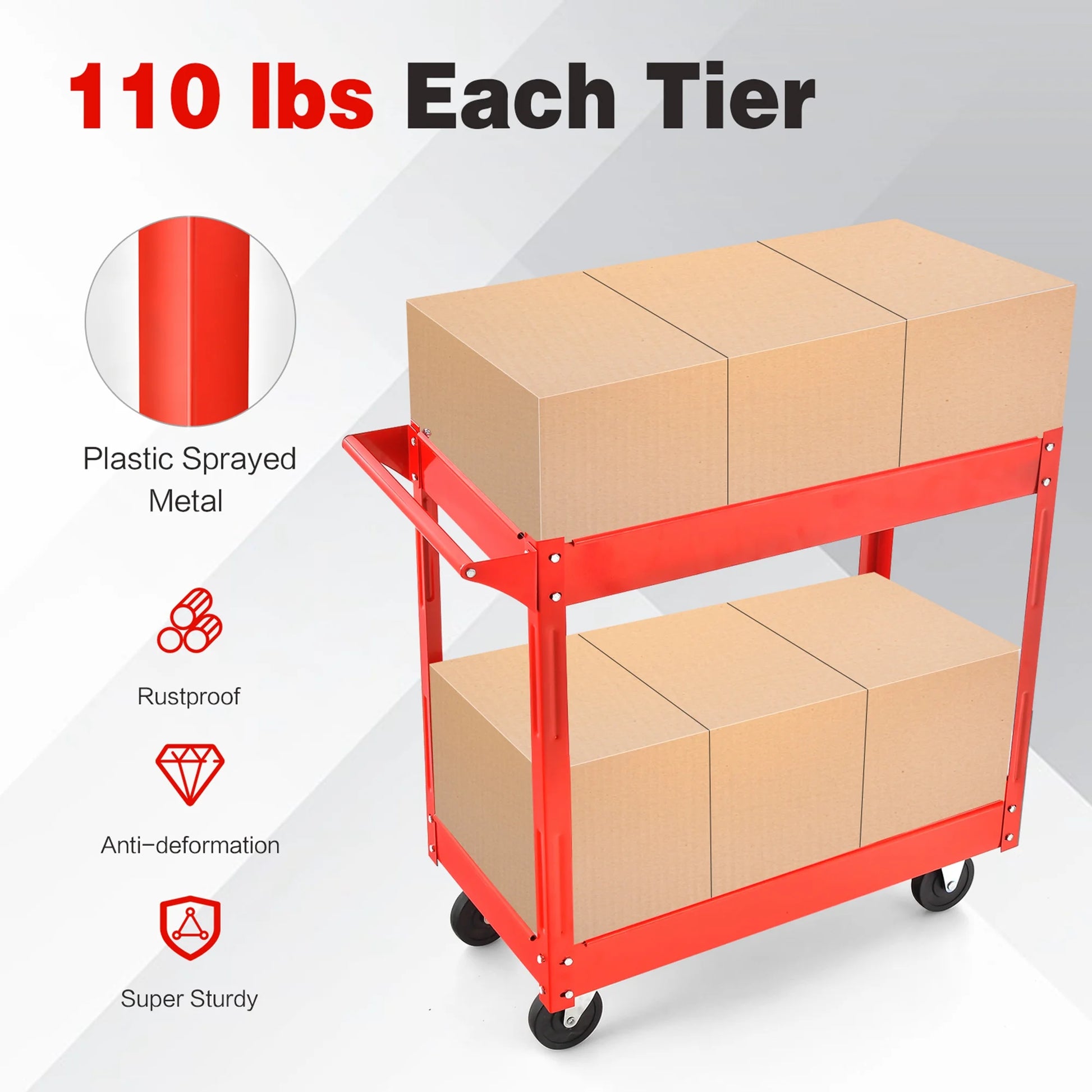 2-Tier Utility Cart Metal Service Cart Rolling Tool Storage Organizer with Handle Red