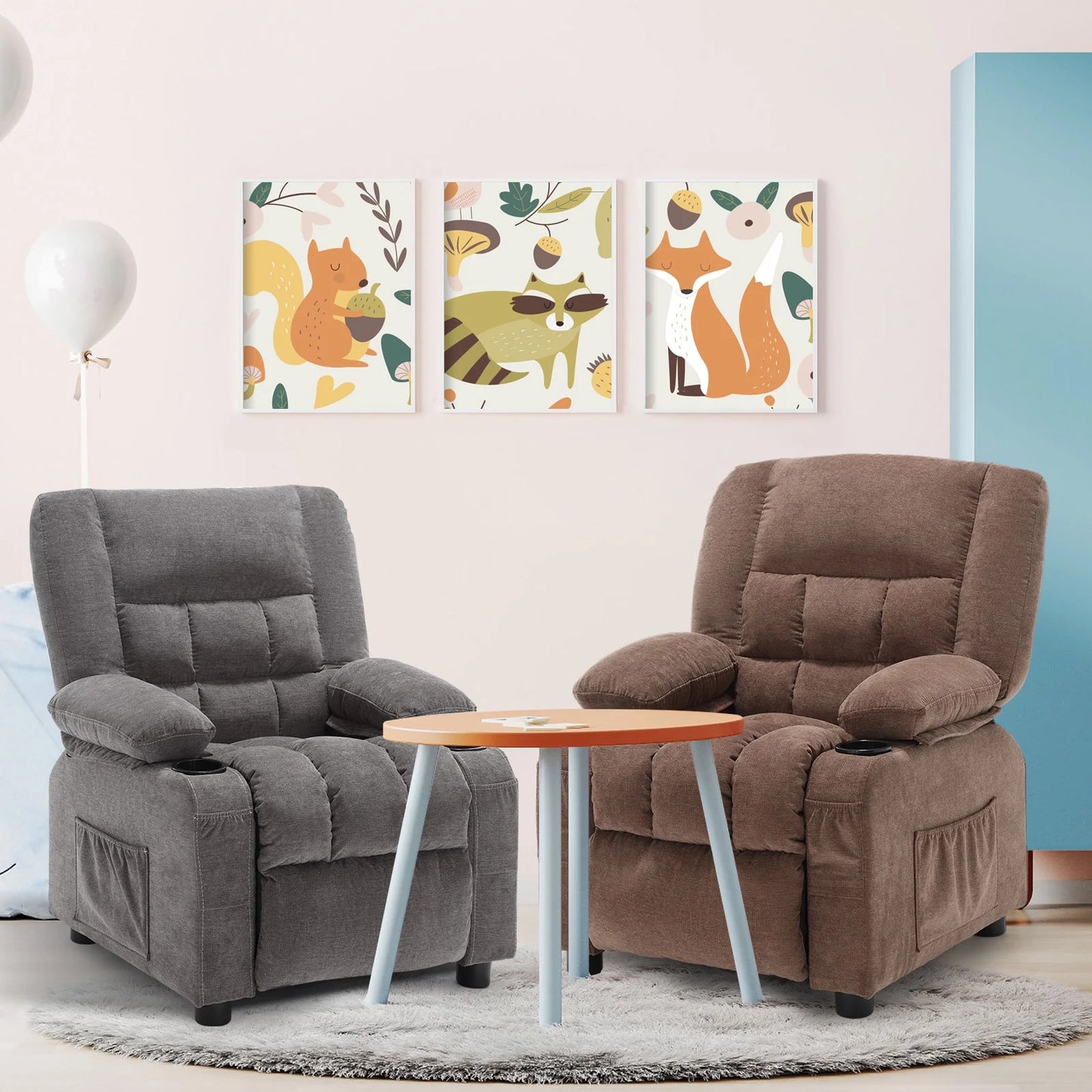 Kids Recliner Chair,Push Back Toddler Recliner with Cup Holders & Side Pockets,Adjustable Footrest & Headrest Kids Sofa for Boys Girls 3+ Age Group, Grey