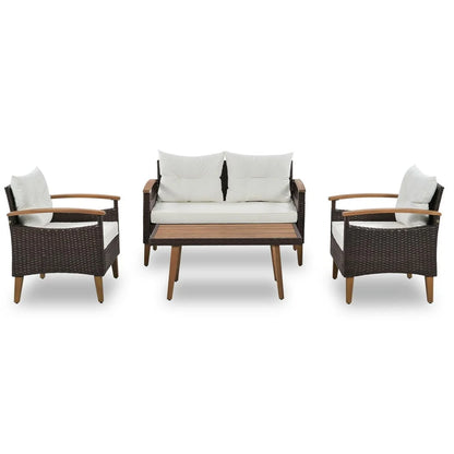4-Piece Patio Seating Set, Patio Furniture Set, Patio Furniture Set, Wicker Garden Furniture with Wood Table and Legs, PE Rattan Outdoor Sofa Set for Balcony, Beige