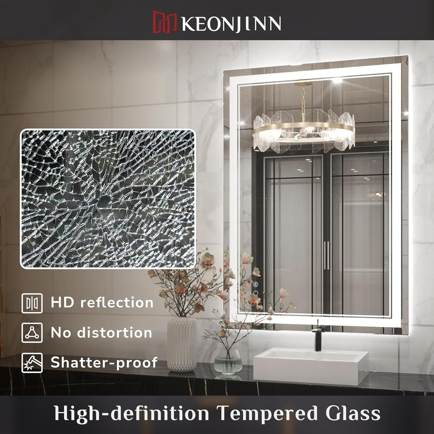 LED Mirror for Bathroom, 36 X 24 Inch, Wall Mounted, Dimmable, Anti-Fog, IP54 Waterproof, 3 Year Warranty