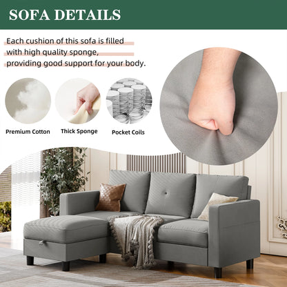 78" Convertible Sectional Sofa Couch L Shaped Couch Sofa for Living Room,Small 3 Seater Sofa Couch with Storage Ottoman and Side Pockets(Light Gray)