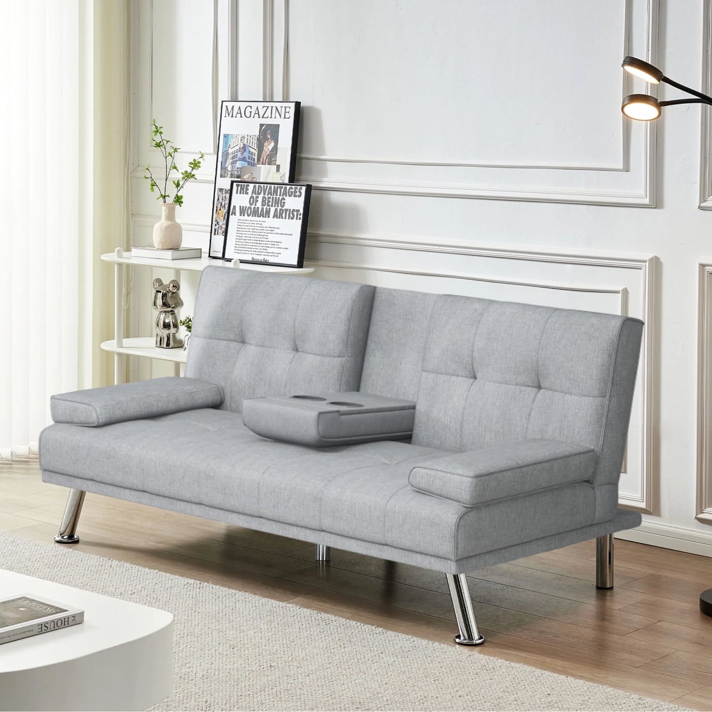 Modern Futon Convertible Sofa Bed with Adjustable Back with Cupholders