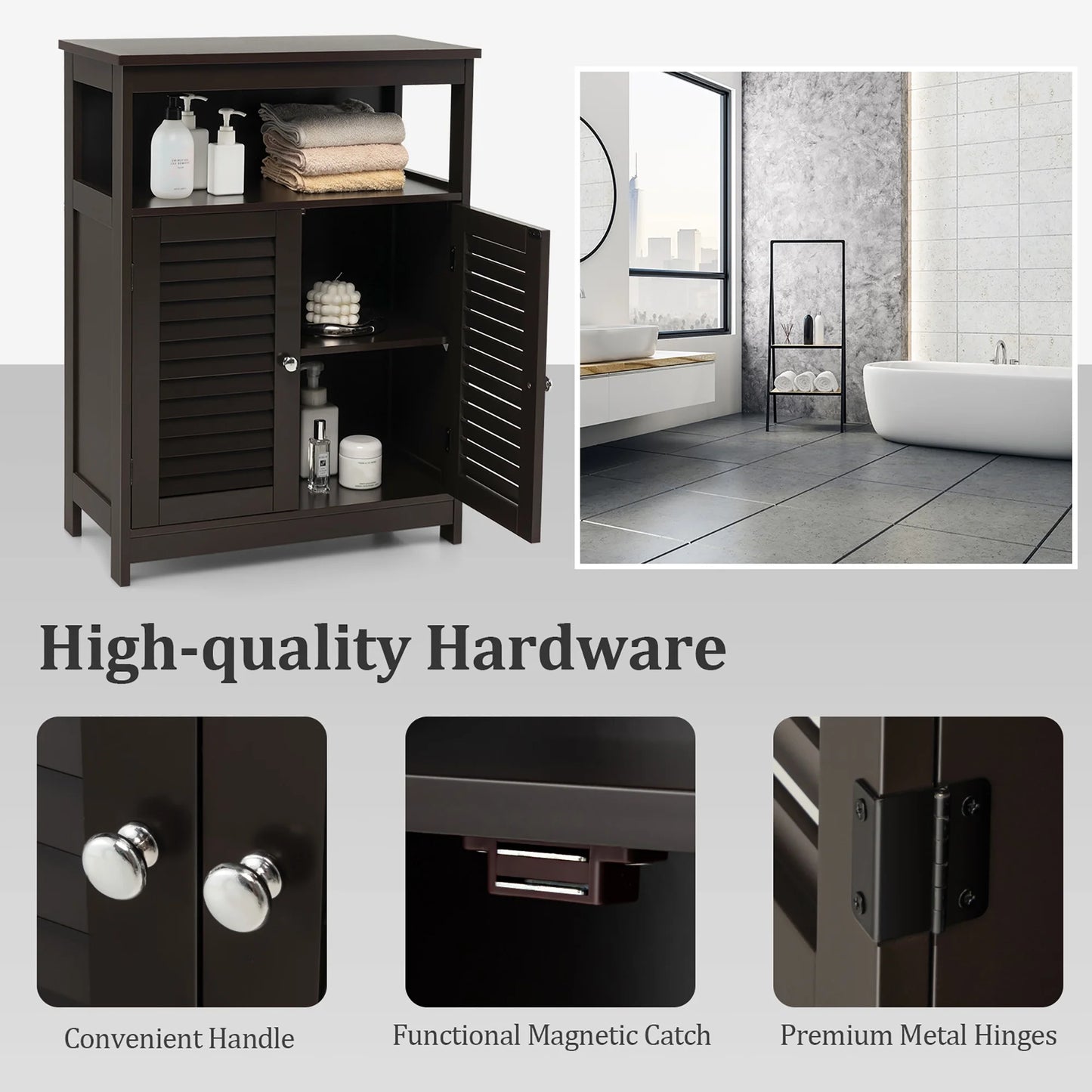 Bathroom Storage Wood Floor Cabinet with Double Shutter Door Coffee