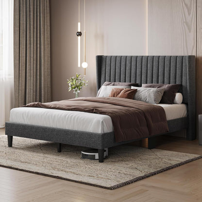 Queen Bed Frame Upholstered Platform Bed with Fabric Headboard, Wing Edge Design/Non-Slip and Noise-Free/Wooden Slats Support/No Box Spring Needed/Easy Assembly, Dark Gray Queen Bed
