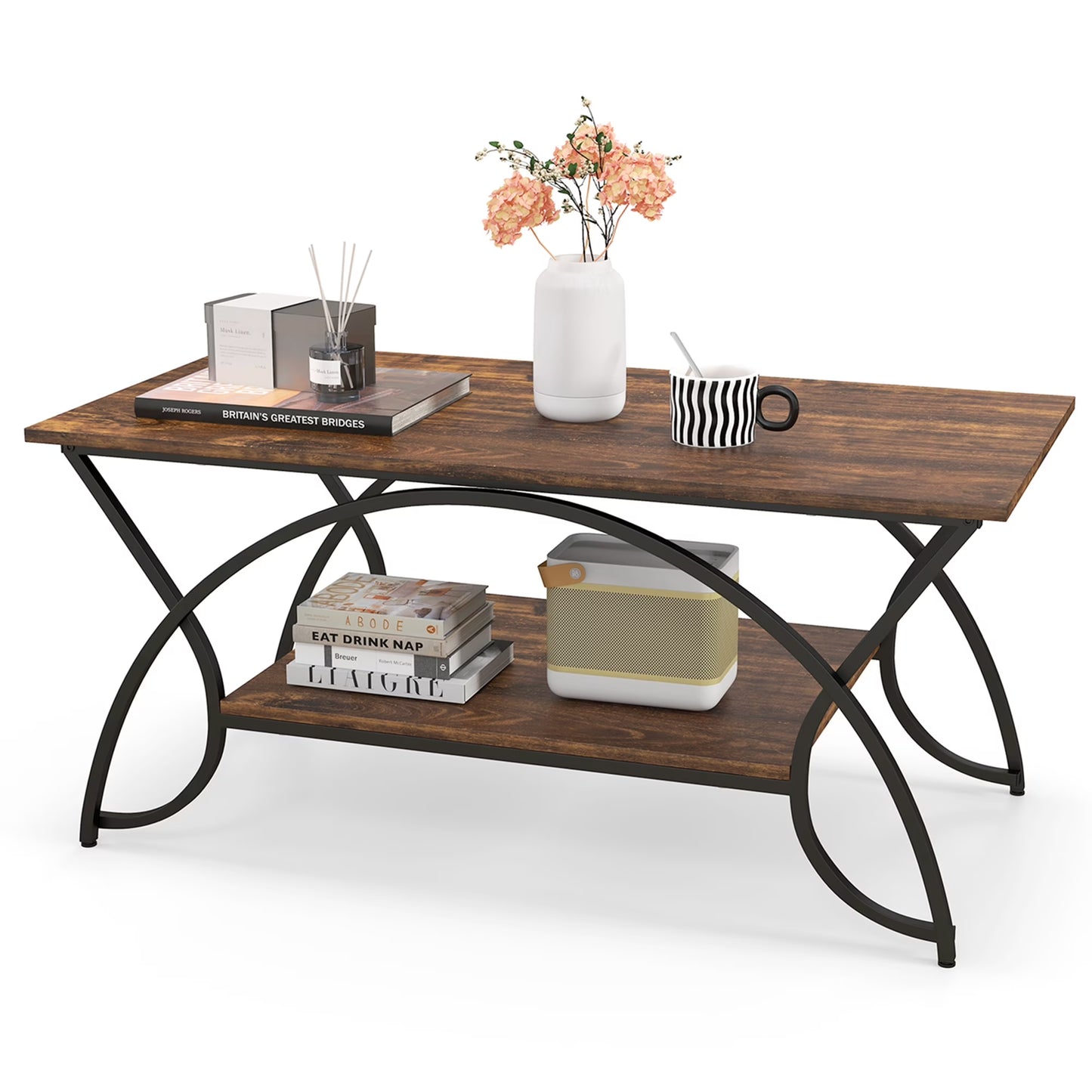 Industrial Engineered Wood Coffe Table with Storage Shelf, White
