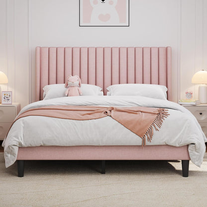 Queen Bed Frame Upholstered Platform Bed with Fabric Headboard, Wing Edge Design/Non-Slip and Noise-Free/Wooden Slats Support/No Box Spring Needed/Easy Assembly, Dark Gray Queen Bed