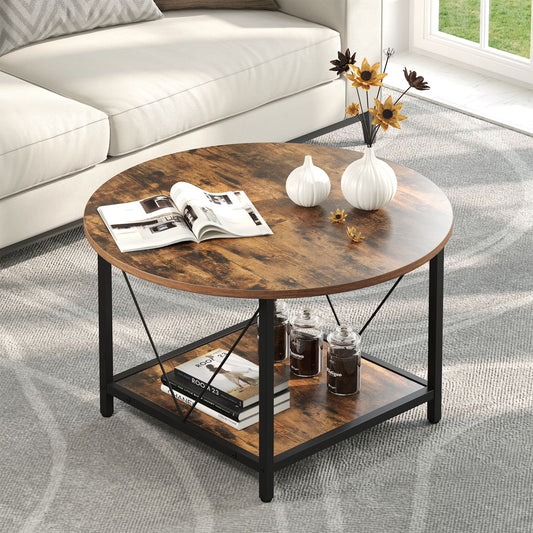 round Coffee Table with Storage, Rustic Living Room Tables with Sturdy Metal Legs, Brown
