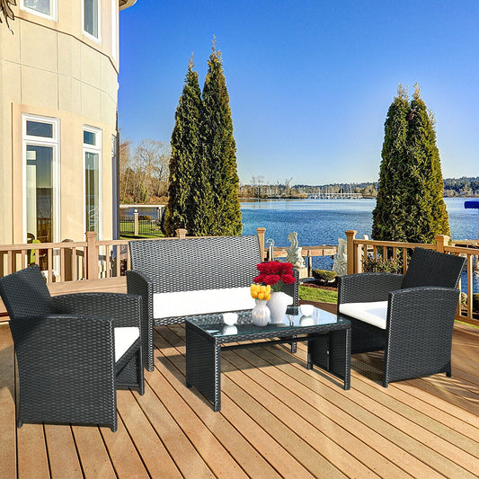 4-Piece Rattan Outdoor Conversation Set with Sofa and Coffee Table, Black