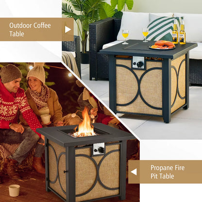 Costway 28 Inch Square Propane Gas Fire Pit Table with Fire Glasses &Rain Cover 50,000 BTU