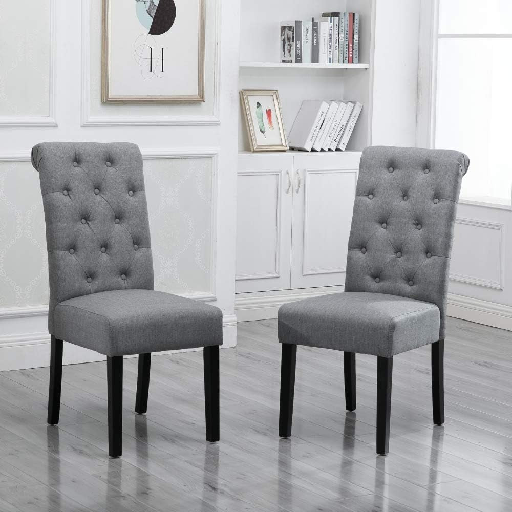 Modern Dining Chair Upholstered Fabric with Button in Chair Back Padding Dining Chair Side Chairs for Living Room Dining Room Patio Wedding Reception Restaurant (Light Gray: Set of 2)