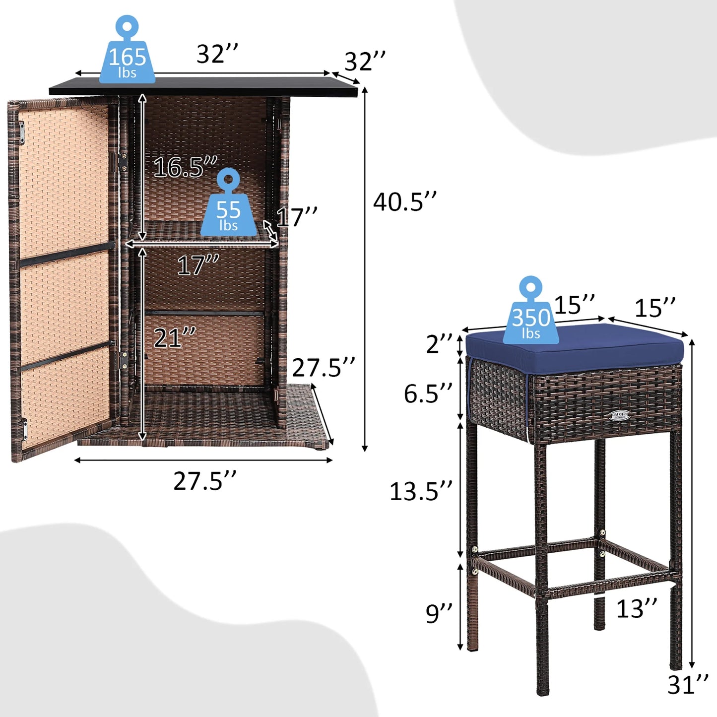 5PCS Patio Rattan Bar Table Stool Set Hidden Storage Shelf Cushioned Navy