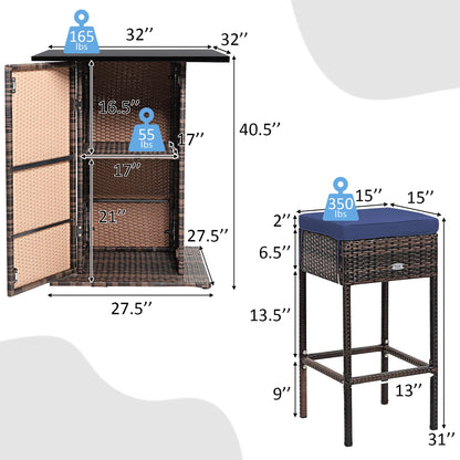 5PCS Patio Rattan Bar Table Stool Set Hidden Storage Shelf Cushioned Navy